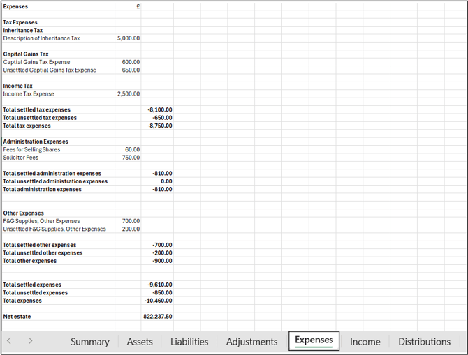 20250107 Estate Accounts Excel Output Expenses Page