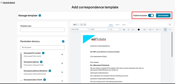 Add correspondence template edit screen-2