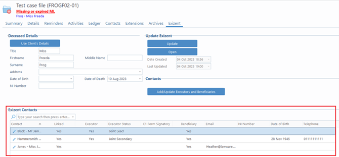 LawWare executor and beneficiary details in case